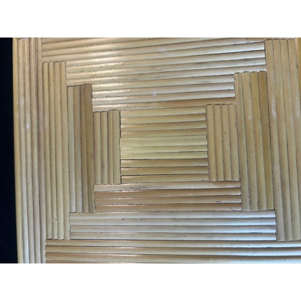Vintage Marquetry Wood Folding Double Picture Frame Straw Art Geometric Brown
